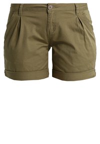 Vihreät oliivinväriset shortsit, jotka on valmistettu puuvillasta. Niissä on laskokset vyötäröllä, etutaskut ja käännetyt lahkeet. Varustettu yhdellä nappikiinnityksellä.