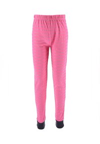 Pink sweatpants made of cotton blend, featuring horizontal silver stripes, elastic waistband, and black ankle cuffs.