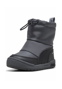 Botas de invierno grises para niños, impermeables, con parte superior acolchada, cierre ajustable con cordón y suela texturizada para mayor agarre.