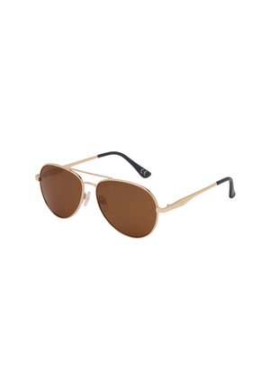 Aviator-Sonnenbrille mit dünnem goldfarbenem Metallrahmen, braun getönten Gläsern, verstellbaren Nasenpads und schwarzen Bügelenden.