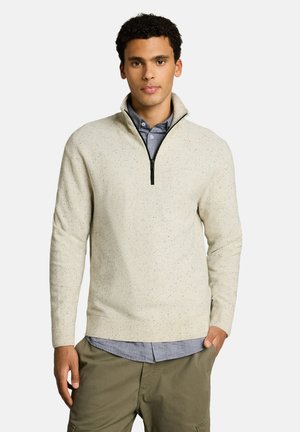 Giovane uomo che indossa un maglione beige chiaro con zip a quarto sopra una camicia blu con bottoni e pantaloni verde oliva, in piedi con una mano in tasca.