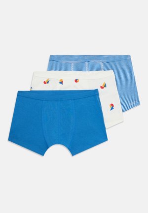 Three boys' boxer briefs in blue, white with small colorful sailboats, and blue with white horizontal stripes, arranged in a stack.