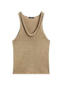 Beige gebreide tanktop met een ronde halslijn en brede armsgaten, met een gladde textuur en verstevigde stiksels langs de zoom.