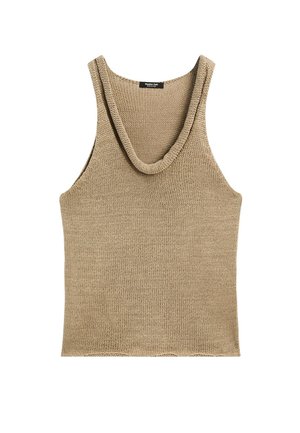 Beige strikket tanktop med dyb udskæring og brede ærmehuller, der har en glat tekstur og forstærket syning langs kanten.