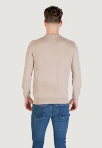 Maglione beige a maniche lunghe con texture liscia, scollatura tonda e polsini a costine. Indossato con jeans blu, che mostrano un fit casual.