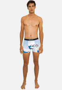 Boxers pour hommes dans un design bleu clair avec un imprimé de pingouins. Fabriqués en tissu extensible avec une taille noire affichant "WAXX."