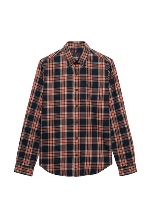 Langærmet skjorte med knapper, sort, rød og gul ternet mønster, med krave og manchetter med knaplukning.