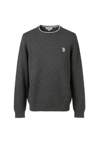 Maglione grigio scuro con scollo rotondo, polsini e orlo inferiore a costine. Presenta un piccolo logo ricamato sul petto sinistro. Tessuto morbido.