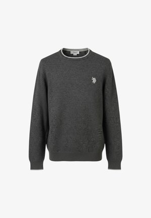 Maglione grigio scuro con scollo rotondo, polsini e orlo inferiore a costine. Presenta un piccolo logo ricamato sul petto sinistro. Tessuto morbido.