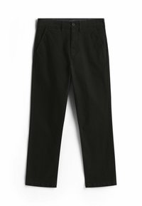 Chino neri in cotone con gamba dritta, chiusura con zip e tasche laterali. Presentano un taglio classico dritto e dettagli di cucitura discreti.