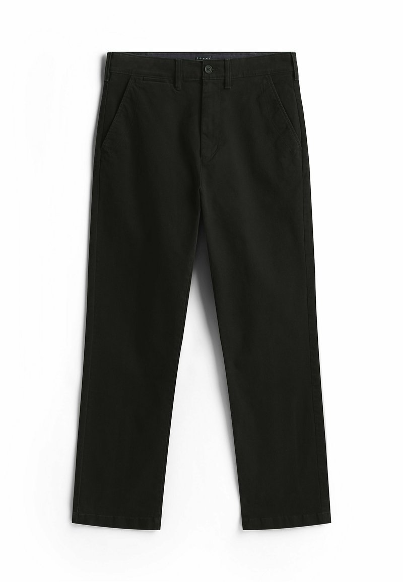 Chino en coton noir avec une taille plate, braguette zippée et poches latérales. Présente une coupe droite classique et des détails de couture subtils.