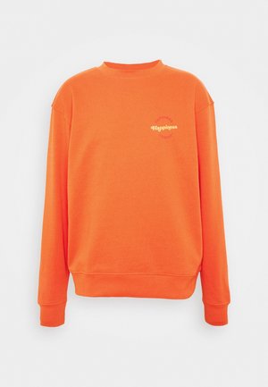 Bright orange sweatshirt made of soft material, featuring a round neckline and ribbed cuffs. Displays a circular graphic with the word "Happiness."