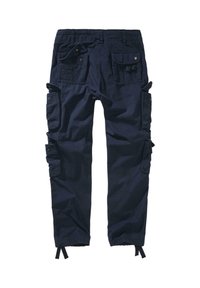 Cargo-byxor i marinblått bomullstyg, med flera fickor, justerbara muddarna och ett midjeband med elastik för komfort.