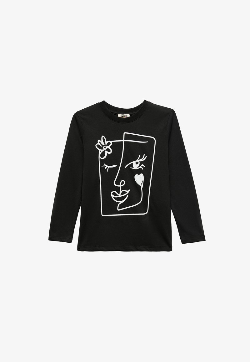 Black long-sleeve T-shirt featuring a white line drawing of a face with a flower accent and heart detail. Soft, smooth fabric, crew neck.
