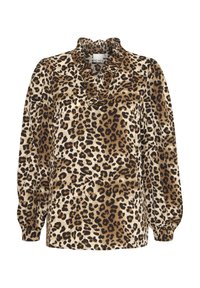 Blouse à imprimé léopard avec un col froncé, des manches bouffantes longues, fabriquée en tissu lisse dans des tons marron, beige et noir.