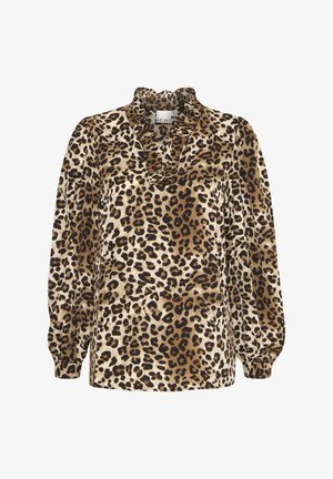 Leopardi triibuline pluus rüüpaelaga kaeluses, pikkade puffvarrukatega, valmistatud sileda kangaga pruunides, beežides ja mustades toonides.