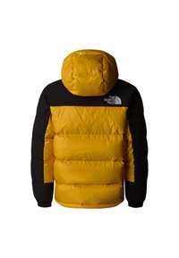 Giacca puffy gialla e nera con cappuccio, dotata di un design trapuntato, polsini elasticizzati e un logo sulla parte superiore della schiena.