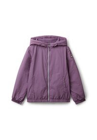 Giacca cappuccio viola con zip frontale, polsini e orlo elastici, due tasche e un piccolo logo sulla manica sinistra.