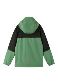 Green and black waterproof jacket with a hood, featuring a contrasting color design, elastic cuffs, and smooth texture.