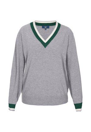 Pull gris clair à manches longues avec col en V orné de vert et blanc, et poignets assortis verts et blancs.