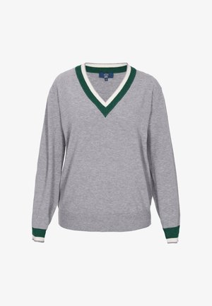 Pull gris clair à manches longues avec col en V orné de vert et blanc, et poignets assortis verts et blancs.