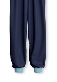 Donkerblauwe sweatpants met elastische boorden in lichtblauw aan de onderkant. Gladde stof, ontspannen pasvorm en geen zichtbare patronen of hardware-details.