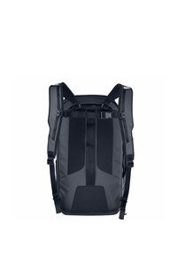 Zaino nero in tessuto resistente, con spallacci imbottiti, numerose cinghie di regolazione, un pannello frontale con un design geometrico elegante e una base rinforzata.