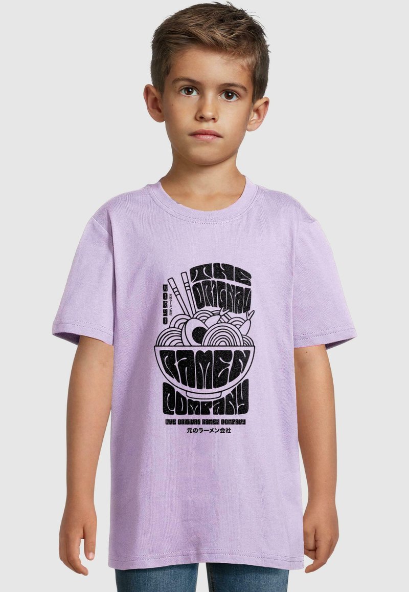 Lavender cotton t-shirt featuring a black graphic of a ramen bowl with chopsticks and the text "The Original Ramen Company." Short sleeves.