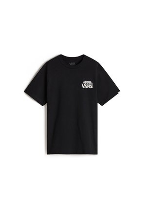 Sort T-shirt med korte ærmer, hvid Vans-logo og leopardgrafik på øverste venstre bryst, rund halsudskæring og afslappet pasform.