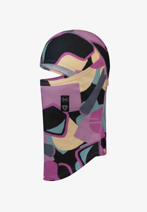 Multicolored balaclava made of stretchable fabric, featuring abstract shapes in pink, purple, black, and mint. Includes Buff logo detail.