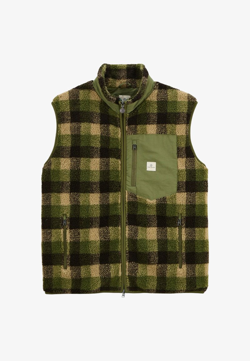 Gilet en polaire avec un motif à carreaux vert, noir et beige. Doté d'un col montant, de poches zippées et d'une poche poitrine unie verte.