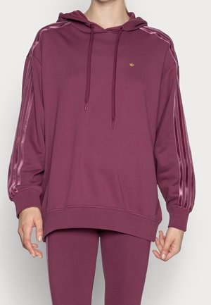 Sweat à capuche bordeaux avec une capuche doublée, des manches longues et des rayures latérales en satin. Présente un petit logo sur la poitrine.
