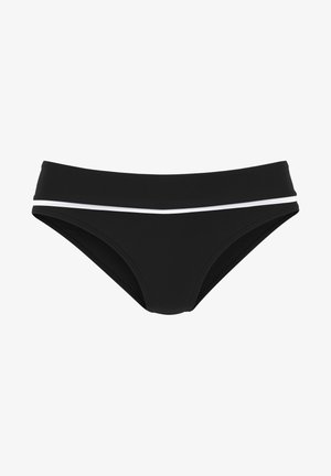 Schwarzer Bikini-Unterteil mit hohem Taillenbund und weißen Akzentstreifen. Hergestellt aus glattem, dehnbarem Stoff mit moderatem Schnitt.