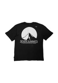 Schwarzes Baumwoll-T-Shirt mit einem weißen Grafikdesign eines Berges und einem kreisförmigen Hintergrund, darunter der Text "SEVEN SUMMITS".