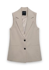 Beiger ärmelloser Blazer mit Reverskragen, Ein-Knopf-Verschluss und zwei vorderen Taschen. Glatte Textur mit minimalistischem Design.