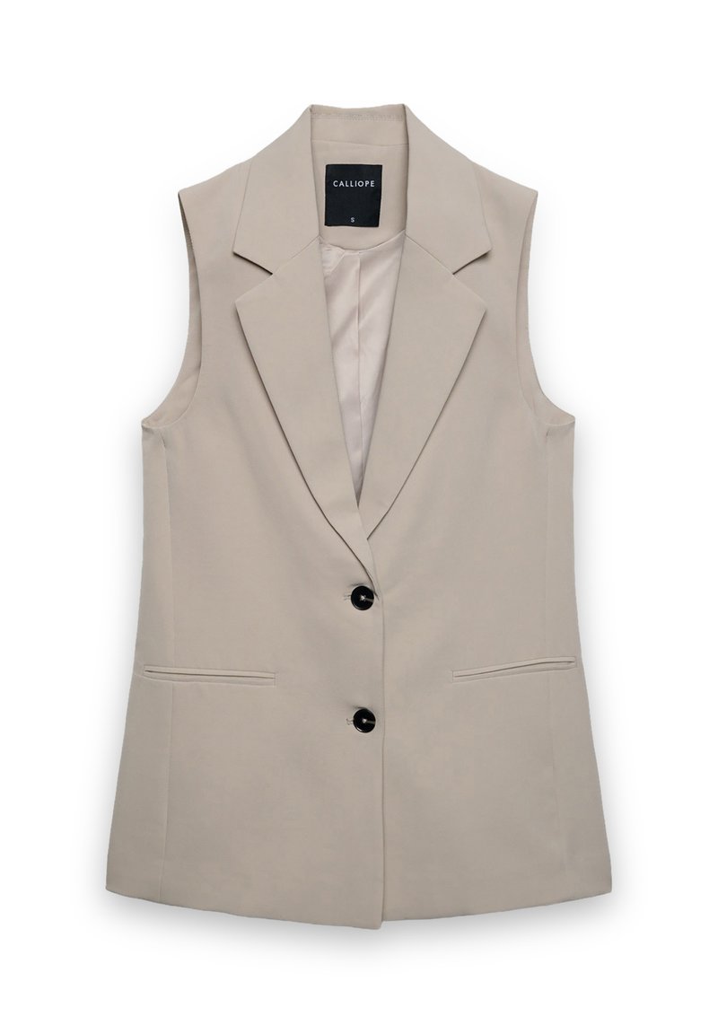 Beiger ärmelloser Blazer mit Reverskragen, Ein-Knopf-Verschluss und zwei vorderen Taschen. Glatte Textur mit minimalistischem Design.