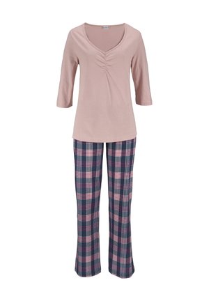 Light pink top with three-quarter sleeves and a ruched neckline, paired with navy and plaid pants featuring pink and white accents.