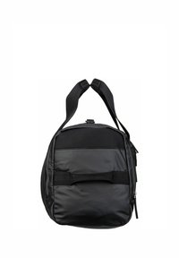 Black nylon bag with dual top handles, textured upper section, zip closure, and front strap accents. Compact rectangular shape.