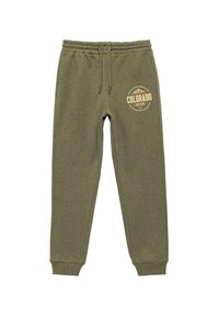 Olivenfarvede sweatpants lavet af blødt stof, med elastisk talje med snor og en cremefarvet Colorado grafik på forsiden.