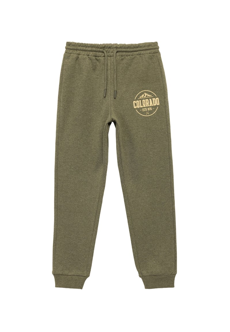 Olivenfarvede sweatpants lavet af blødt stof, med elastisk talje med snor og en cremefarvet Colorado grafik på forsiden.