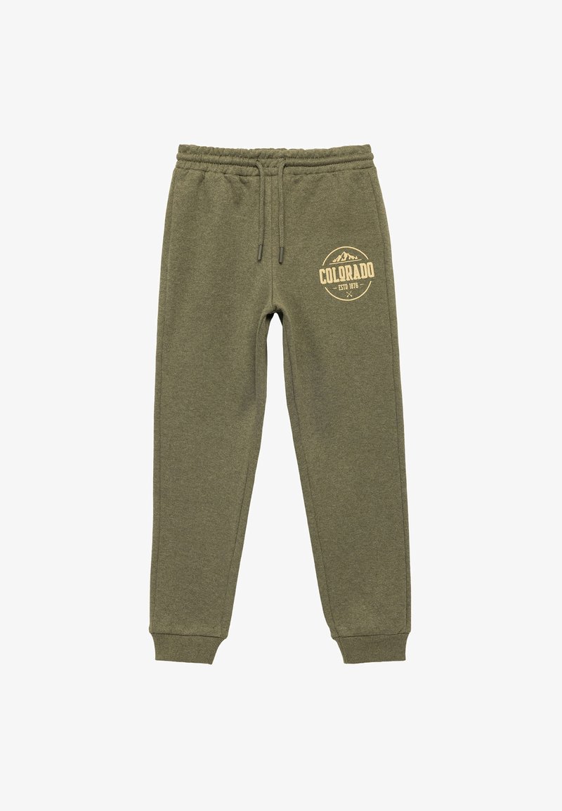 Olivenfarvede sweatpants lavet af blødt stof, med elastisk talje med snor og en cremefarvet Colorado grafik på forsiden.