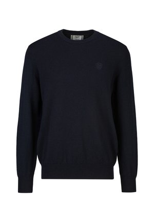 Schwarzer Pullover mit Rundhalsausschnitt und langen Ärmeln, mit gerippten Bündchen und Saum, mit einem kleinen gestickten Logo auf der linken Brust.