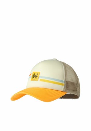 Baseball cap with yellow curved brim, beige front panel with Buff logo, light blue and yellow stripes, and beige mesh back panels.