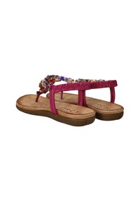 Tongsandalen met een roze synthetische band, kleurrijke kralenaccenten en een gestructureerde bruine voetbed, met een platte rubberen zool.