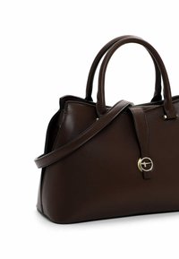 Borsa a mano in pelle marrone con un design strutturato, doppio manico superiore, una tracolla rimovibile e dettagli in metallo dorato.
