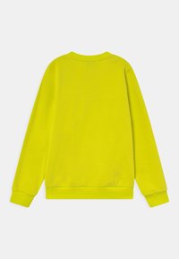 Felpa gialla con collo rotondo, maniche lunghe e polsini a coste. Texture liscia con un colore uniforme e senza motivi o dettagli visibili.