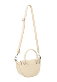 Beige lædertaske med en buet form, dobbelte håndtag og en justerbar rem. Har en lynlåslukning og sølv hardware detaljer.