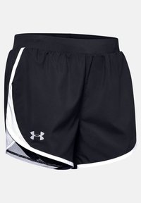 Pantalones cortos deportivos negros con ribete blanco y logo de Under Armour, que cuentan con una cinturilla elástica y paneles laterales de malla para ventilación.