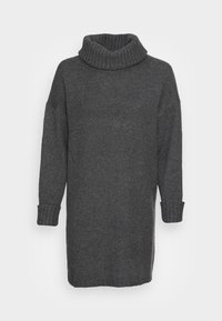 Abito maglione grigio scuro lavorato a maglia con colletto alto e polsini a costine. Presenta una vestibilità rilassata e un orlo dritto. Texture morbida.