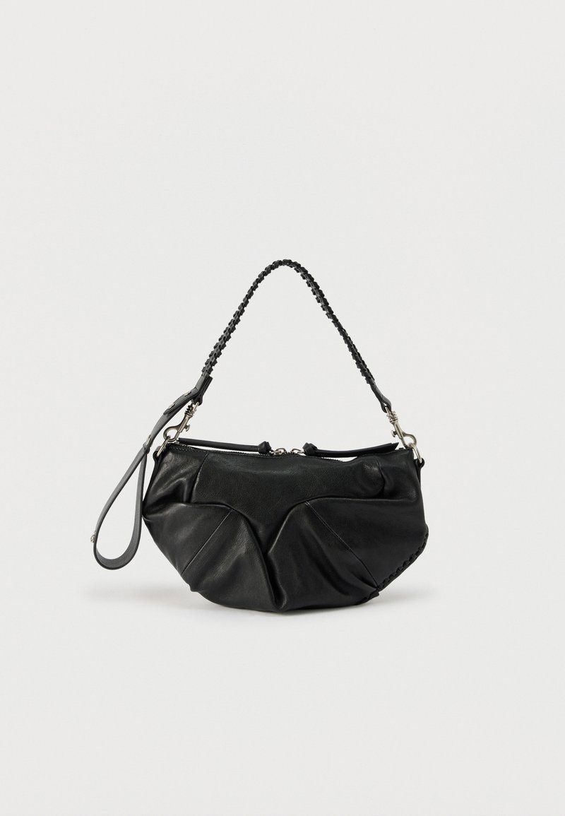 Black leather handbag with braided shoulder strap and wristlet, featuring silver hardware and a soft, slouchy shape.